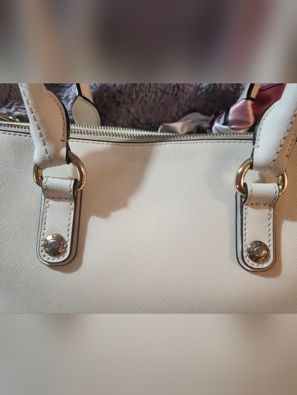Henri Bendel Off White Saffiano Leather Structured Dual Handle Tote W Strap, EUC - Picture 15 of 16